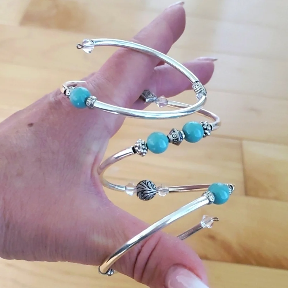 Turquoise Green Boho Beaded Statement 3 coil memory wire cuff bracelet - Picture 4 of 7